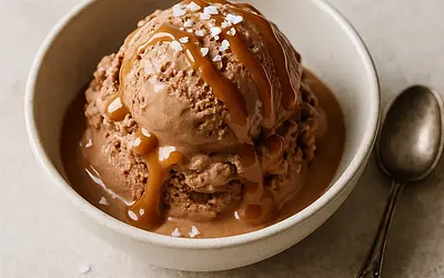 Creamy chocolate ice cream with mascarpone and salted caramel