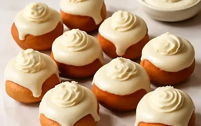 Mini custard doughnuts with vanilla-mascarpone cream and white chocolate glaze