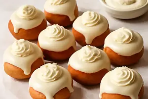 Mini pączki budyniowe z kremem waniliowo-mascarpone i polewą białoczekoladową