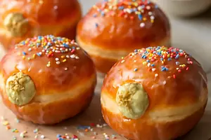 Brioche doughnuts with pistachio-mascarpone cream and glazed topping
