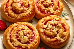 Yeast Rolls with Strawberry Pudding and Almond Crumble