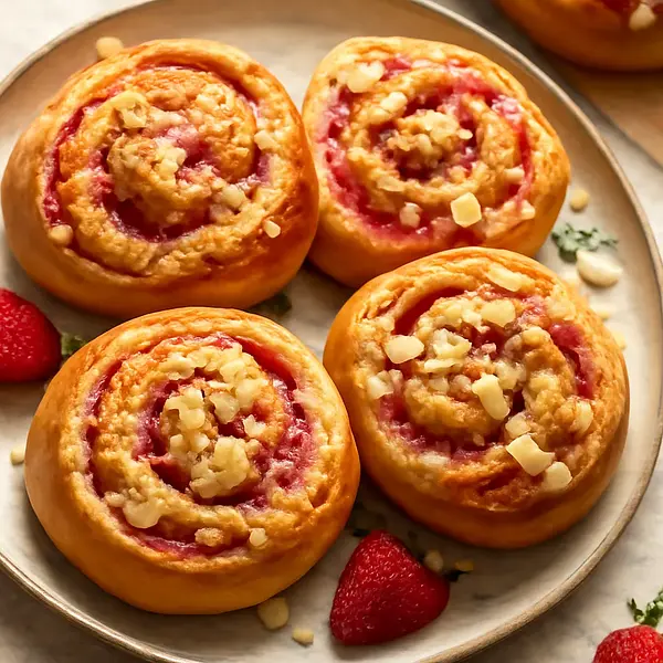 Yeast Rolls with Strawberry Pudding and Almond Crumble