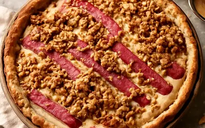 Rustic rhubarb pie with vanilla custard cream and oat crumble