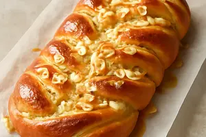 Braided brioche-like bread with vanilla-almond cream and honey-orange glaze
