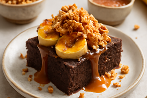 Banana-chocolate brownie with salted caramel and crunchy crumble