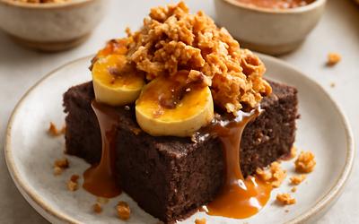 Banana-chocolate brownie with salted caramel and crunchy crumble