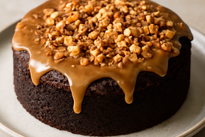 Moist chocolate cake with coffee-butter-salt glaze and almond crumble