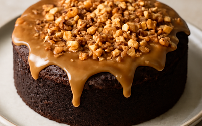 Moist chocolate cake with coffee-butter-salt glaze and almond crumble