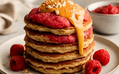 Banana-Oat Pancakes with Raspberry Sauce and Peanut Butter Cream