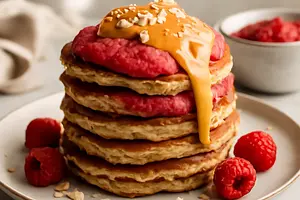 Banana-Oat Pancakes with Raspberry Sauce and Peanut Butter Cream