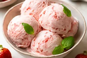 Creamy strawberry-mascarpone ice cream with a hint of basil