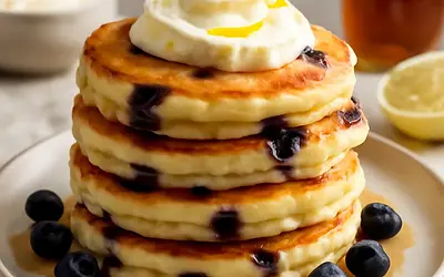 Fluffy blueberry-lemon pancakes with mascarpone cream and vanilla syrup