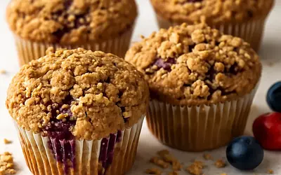 Muffins with a mix of forest fruits and crunchy oat crumble