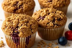 Muffins with a mix of forest fruits and crunchy oat crumble