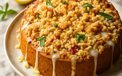 Cytrynowo‑rabarbarowe ciasto ze złocistą kruszonką i lukrem werbenowym