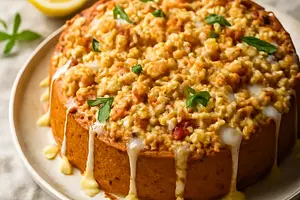 Cytrynowo‑rabarbarowe ciasto ze złocistą kruszonką i lukrem werbenowym