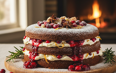 Spiced Gingerbread Cake with Cranberry Fruit Spread and Mascarpone Cream