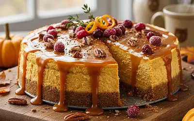 Autumn Pumpkin Cheesecake on a Spiced Crust with Maple Glaze