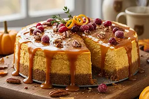 Autumn Pumpkin Cheesecake on a Spiced Crust with Maple Glaze
