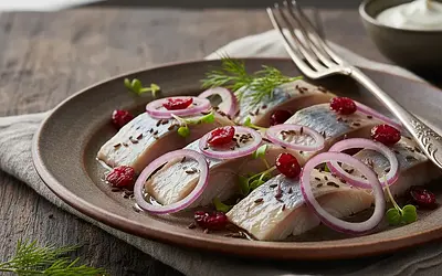Spiced Herring with Red Onion, Cranberries, and Nigella Seeds